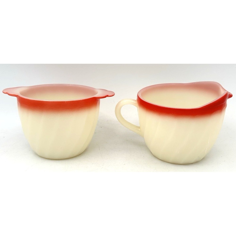 Vintage Fire King Sunrise Swirl Creamer Pitcher & Sugar Bowl Milk Glass No Lid